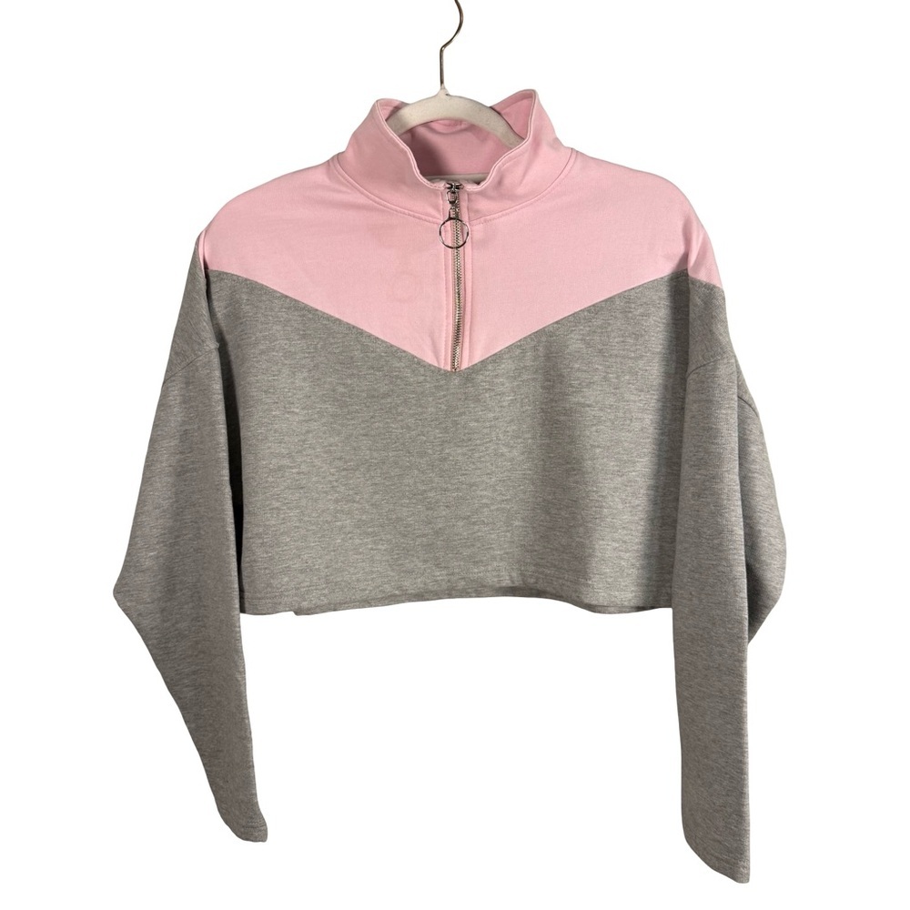 Wednesday’s Girl Pink and Gray Cropped Zip-Up Sweatshirt Size S Y2K Athleisure